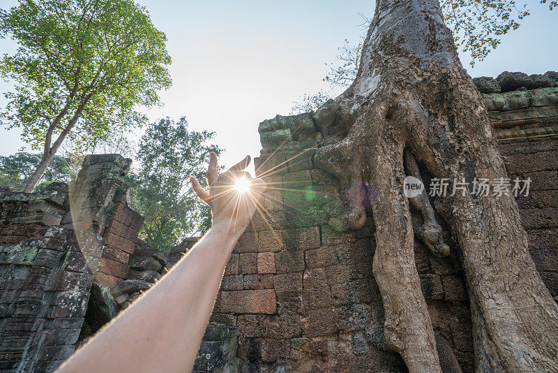 落日余晖中，人的手伸向太阳，吴哥窟古寺、古遗址。能源人环境旅游理念。Ta Prohm，暹粒，亚洲。